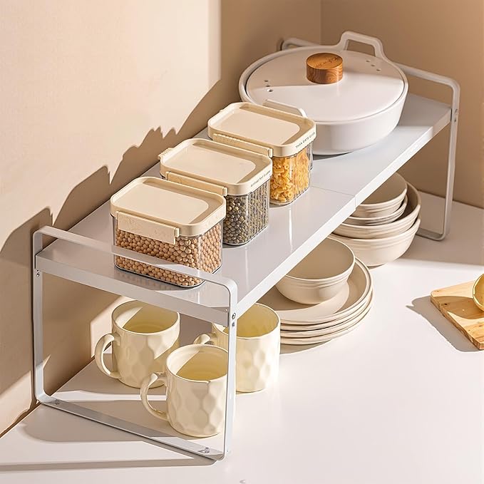 Expandable Cabinet Shelf, Lengths Adjustable Shelf Organizer Riser, Metal Space-Saving Cupboard Organizers for Kitchen Cabinet Pantry Cupboard Under Sink Countertop, White-NeatNest