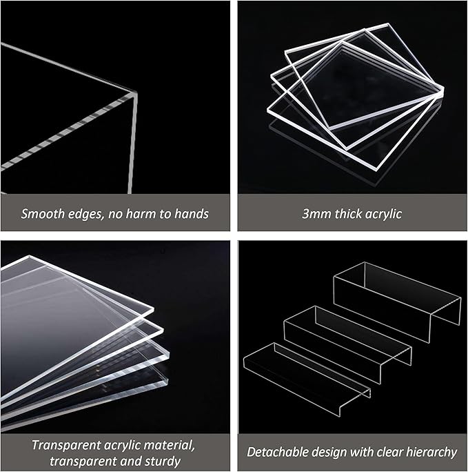 Clear Display Risers Shelf 3pcs, Countertop Rectangular Acrylic Display Storage Organizer, Acrylic Stands for Funko Pop Figure, Cosmetics, Bags, Shoes, Toys, Collectibles - 12- 4'', 5'', 6''-NeatNest