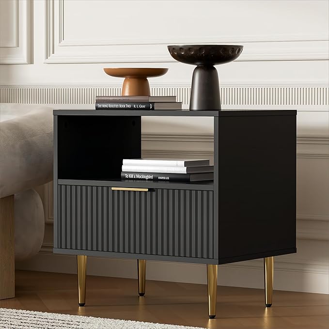 Black Nightstand Set of 2, Modern Nightstand with Drawer, End Table with Storage, Bed Side Table with Open Space for Bedroom, Side Table for Bedroom, Living Room, Black-NeatNest