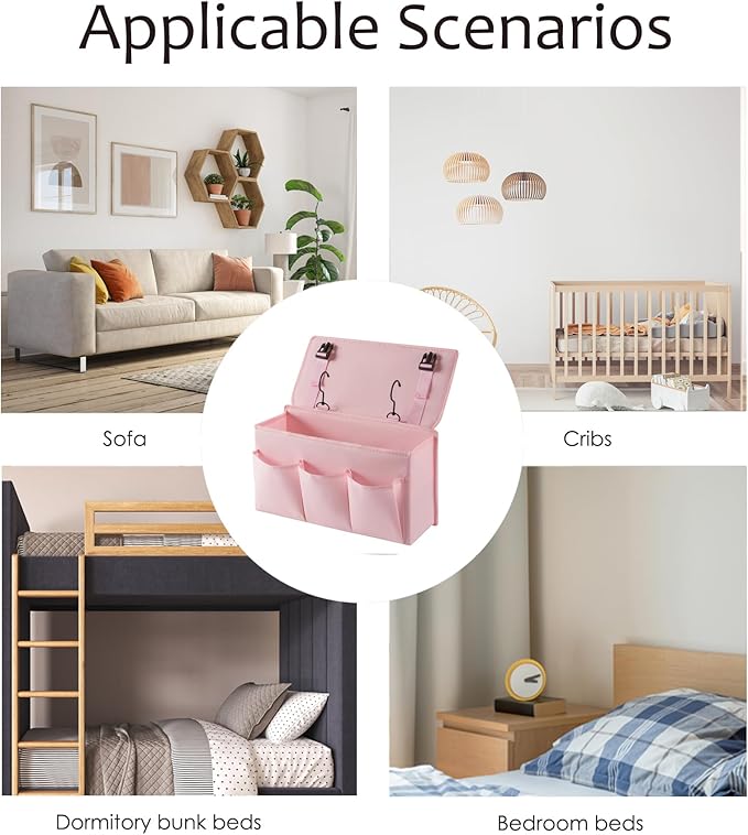 Bedside Caddy Bedside Storage Organizer,Bed Caddy With Thickened Material Suitable for Homes, Dormitories, Hospitals, Cribs, RVs,Great for Magazines,Books,Remote, Phone (Pink)-NeatNest