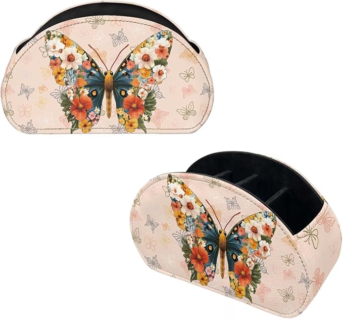 Creative Floral Butterfly Print TV Remote Holder with 5 Compartments, Office Desk Organizers - Nightstand Organizers/Bedside Table Accessory, Storage for Controllers/Media Players Yellow-NeatNest