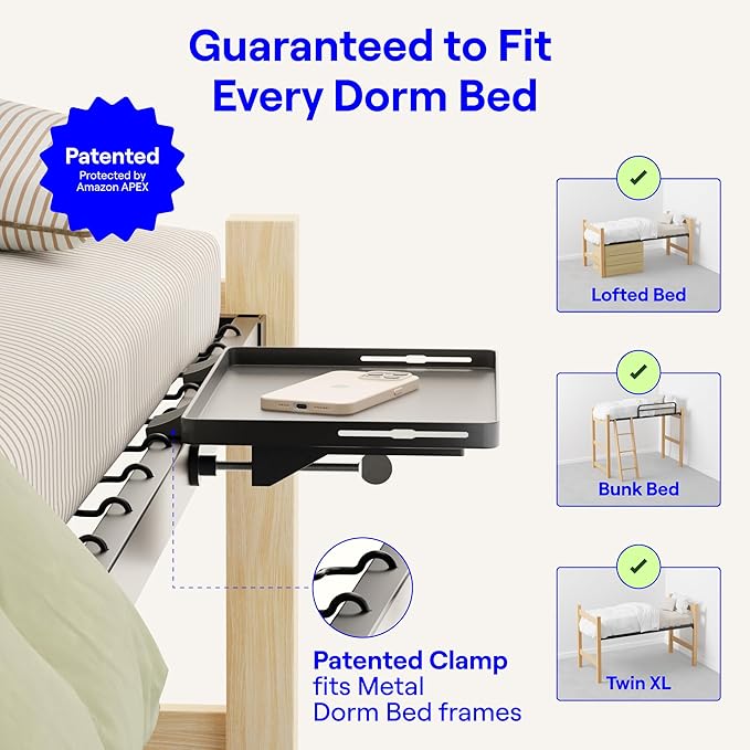 BedShelfie Bedside Shelf for Dorm Room Bunk Bed & Top Bunk, College Dorm Room Essentials, Bedside Caddy, Clip on Floating Tray, Bed Side Table Storage, Loft Nightstand Decor - Dorm Essential, Black-NeatNest