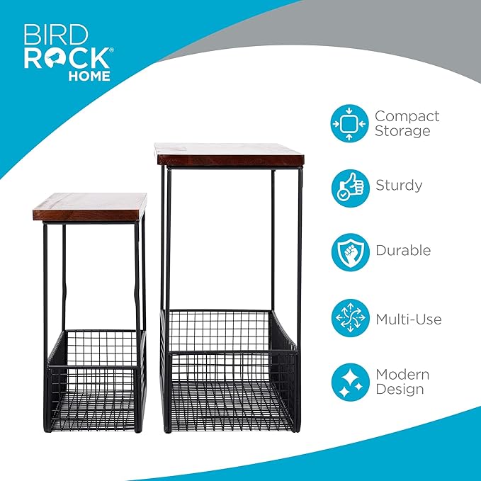 BIRDROCK HOME 2pc Floating Shelves with Basket - Wood Metal Wall Storage Shelf - Decorative Hanging Baskets for Bathroom, Bedroom, Living Room - Rustic Farmhouse - Small & Large - Black/Brown