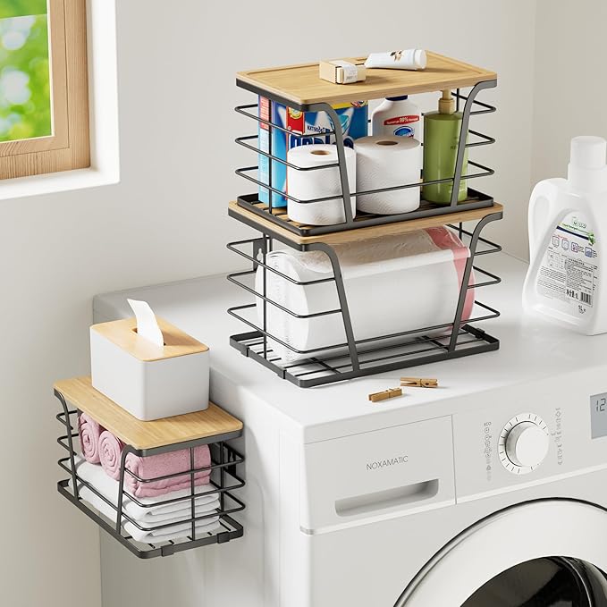 3 Pack Stackable Pantry Organizer, Trash Bag Dispenser Under Sink, Kitchen Organization and Storage, Kitchen Counter Organizer, Black