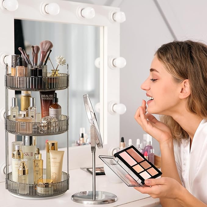 Rotating Makeup Organizer for Vanity, High-Capacity Skincare Clear Make Up Storage Perfume Organizers Cosmetic Dresser Organizer Countertop 360 Spinning (Gray, New-3 Tier)-NeatNest
