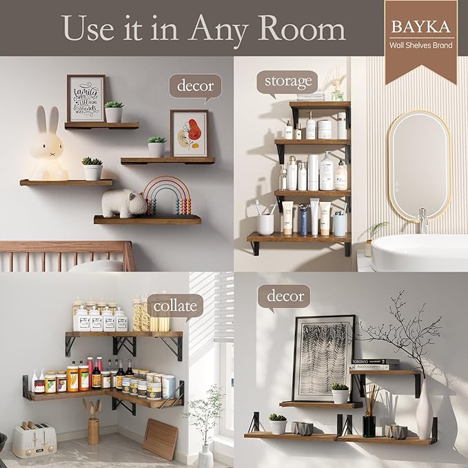 BAYKA Floating Shelves for Wall, Book Shelf for Bedroom, Decor Shelves for Living Room Kitchen, Mounted Wood Floating Shelf for Home Decor, Corner Shelf for Bathroom, Office(Walnut-Toned,Set of 4)-NeatNest