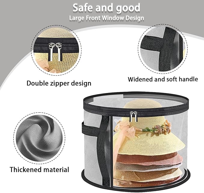 Hat Box Storage for Women – Large Clear Hat Storage Boxes for Wide Brim Sun Hats, Cowboy Hats & Travel – Foldable Hat Organizer Bag with Handles (grey)-NeatNest