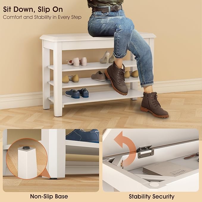 Shoe Rack Bench Seat Rubberwood 3-Tier Wooden Storage Bench 550lbs Compact Mid-Century Modern Design for Entryway, Hallway, Closet, Front Door Entrance, Foyer-NeatNest