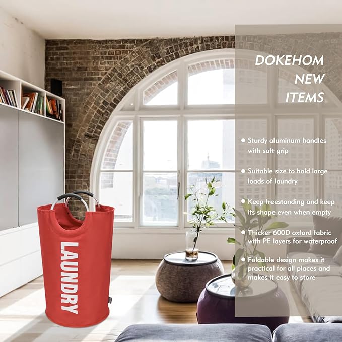DOKEHOM 90L Large Laundry Basket, Collapsible Laundry Bag, Freestanding Tall Clothes Hamper, Foldable Washing Bin (Red)-NeatNest
