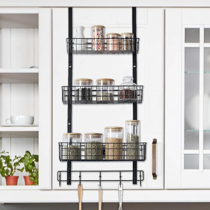 CADUKE Black Over The Door Organizer Over The Door Hooks with Basket Storage Door Towel Racks for Bathroom Door Storage Rack with 5 Hooks 3-Tier Door Hanger Basket for Kitchen