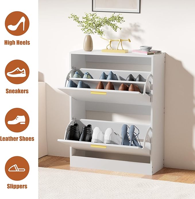 JOZZBY Shoe Cabinet for Entryway, Narrow White Shoe Storage Cabinet with 2 Flip Drawers, Wooden Hidden Shoe Rack Organizer with 2 Tier Freestanding for Hallway, Living Room, Set of 2-NeatNest