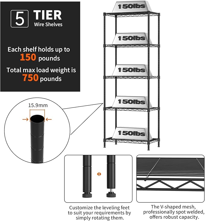 5 Tier Adjustable Storage Shelves Heavy Duty Metal Utility Shelf 750LBS Capacity Wire Shelving Unit Organizer Rack for Home Kitchen Office Bathroom Pantry Room 12" D x 22" W x 59" H Black