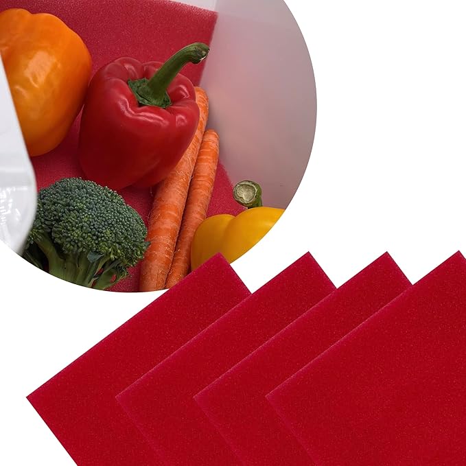 Bluapple FreshMats, Refrigerator Bin Liner, Fridge Drawer Mats, Crisper Life Extender Liner Keeps Produce Fresh Longer, Anti-Bruising, Helps Air Circulation, Washable & Reusable (4-Mats, 12x15, Red)