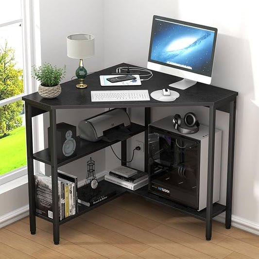 Corner Desk with Outlets & USB Ports, 90 Degree Triangle Corner Table with CPU Stand & Storage Shelves for Small Space, Computer Table with Charging Station for Home Office Bedroom (Black)-NeatNest