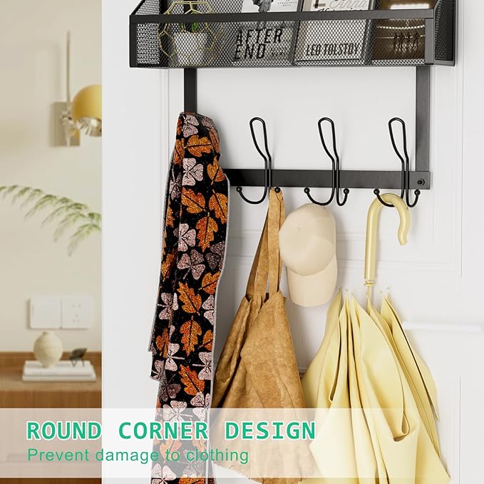 Over The Door Hooks Organizer, Over The Door Towel Rack Back of Door Storage Organizer with 12 Hooks & 2 Mesh Baskets Door Hanger Organizer for Bathroom,Kitchen,Bedroom(Black)