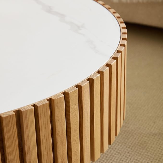 35.43'' Round Wood Coffee Table Marble Circle Coffee Table for Living Room Fluted Center Table with Pedestal Accent Tea Table Apartment Office, Oak