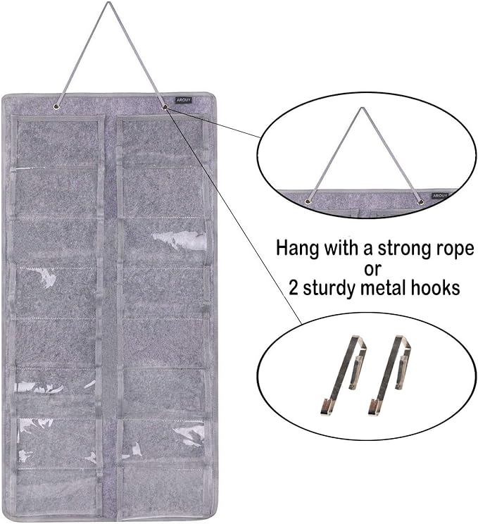 AROUY Sunglasses Organizer Storage, Hanging Dust Proof Wall Pocket Glasses Organizer - 16 Felt Slots Sunglass Organizer Holder with Metal Hook and Sturdy Rope (Gray, Dust Proof)-NeatNest
