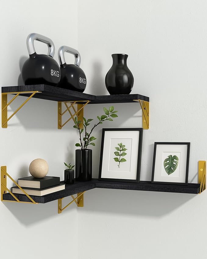BAYKA Floating Shelves for Bedroom Decor, Wall Shelves for Storage, Wall Mounted Rustic Wood Floating Shelf for Books,Corner Shelf for Bathroom,Kitchen,Living Room(Black and Gold,Set of 4)-NeatNest