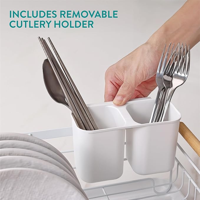Navaris Dish Drainer Rack - Plate, Silverware, Pots and Pans - Dish Rack with Beechwood Handles - Metal Dish Drying Rack for Kitchen Counter - Modern Retro Design Dish Rack - White