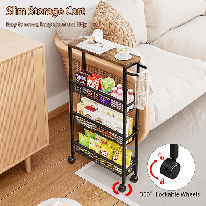 Slim Rolling Cart 4 Tier Narrow Storage Cart on Wheels with MDF Board Top and Metal Handle for Small Space Kitchen Living Room Home Office Pantry Bathroom Laundry Room(16.54×5.12×30.31 inch)