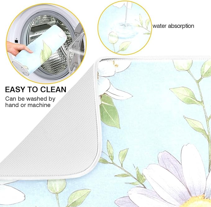 Daisies Flowers Absorbent Dishes Drainer/Rack Mat for Countertop, Microfiber Dish Drying Pads Kitchen Counter Draining Pad Small Size 16 x 18 Inches-NeatNest