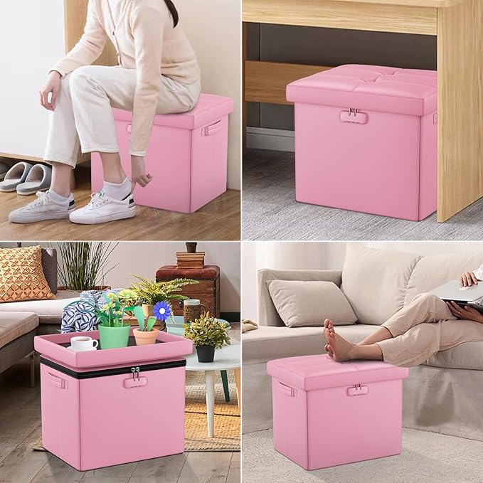 DocSafe Storage Ottoman Foot Rest Stool with Lock & Handles, Fireproof Folding Leather Footstool Bench with Storage Safe for Living Room Bedroom, Home Office, Dorm, 17x13x13in, Pink-NeatNest