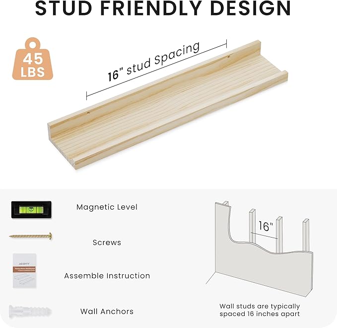 Floating Shelves for Wall, 24 inch Solid Wood Picture Ledge Shelf, Picture Shelf for Wall with Ledge, Floating Book Shelves for living room Bedroom Kitchen Nursery Decor, Natural Unfinished, Set of 2-NeatNest