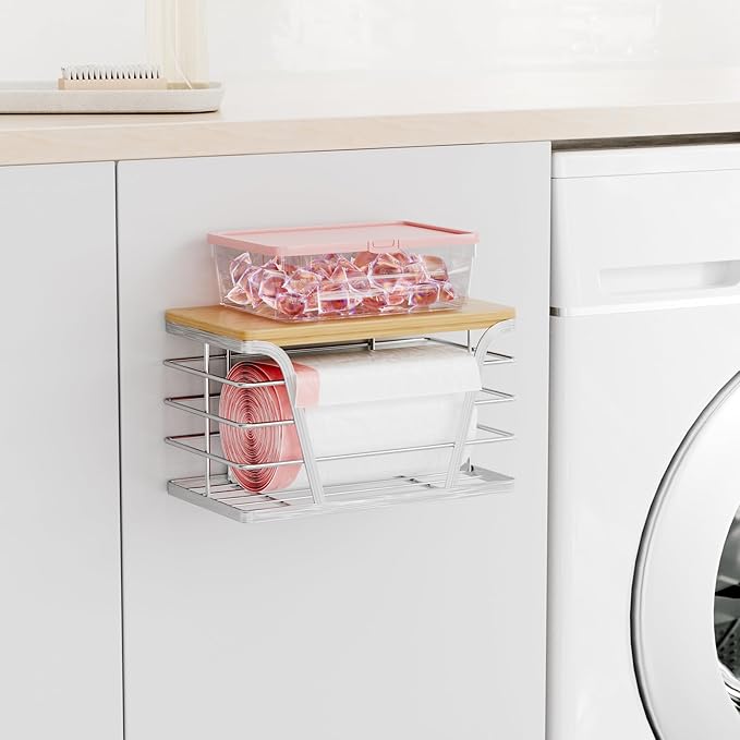 Trash Bag Dispenser with Bamboo Top for Kitchen Storage Organization,Stackable Storage Organizer 304 Stainless Steel Trash Bag Holder under Sink