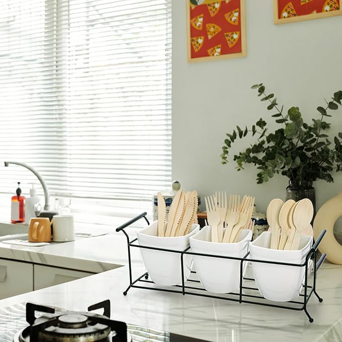 Bekith 3-Piece Ceramic Flatware Caddy with Metal Rack, Utensil Holder Silverware Caddy Cutlery Organizer, White-NeatNest