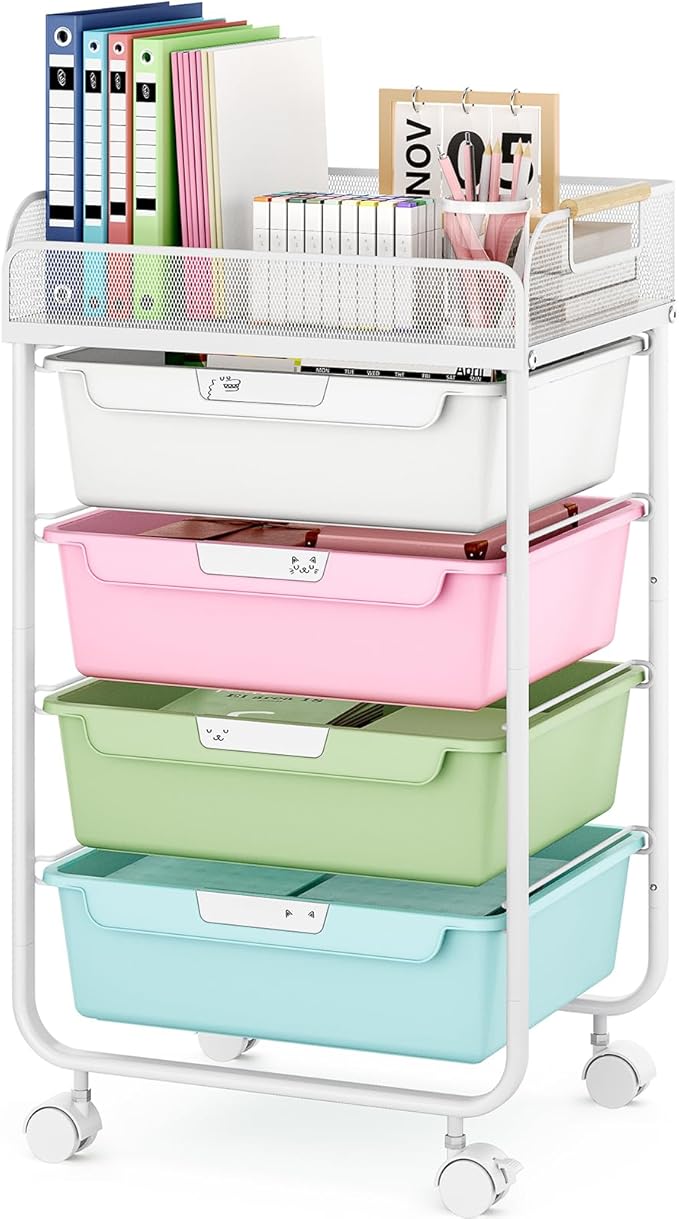 Rolling Cart with 4 Drawers,4 Tiers Rolling Utility Cart Craft Cart,Rolling Storage Drawer Cart with Mesh Top,Storage Cart with Drawers & 4 PCS DIY Lable, Classic Colorful