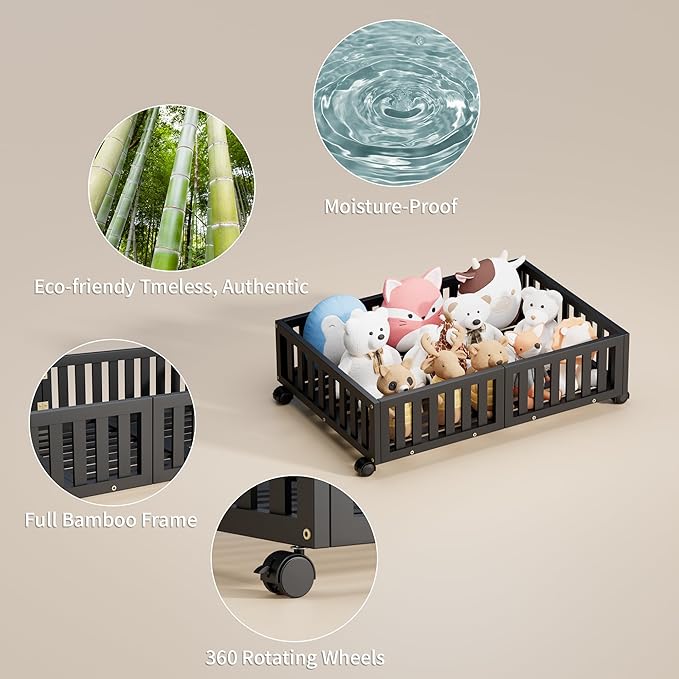 Bamboo Under Bed Storage with Wheels (2-Pack) – Rolling Underbed Shoe Organizer Box for Shoes, Blankets, Toys, Clothes Container Space-Saving Organizer Bins for Bedroom, Closet, Dorm, Nursery-NeatNest
