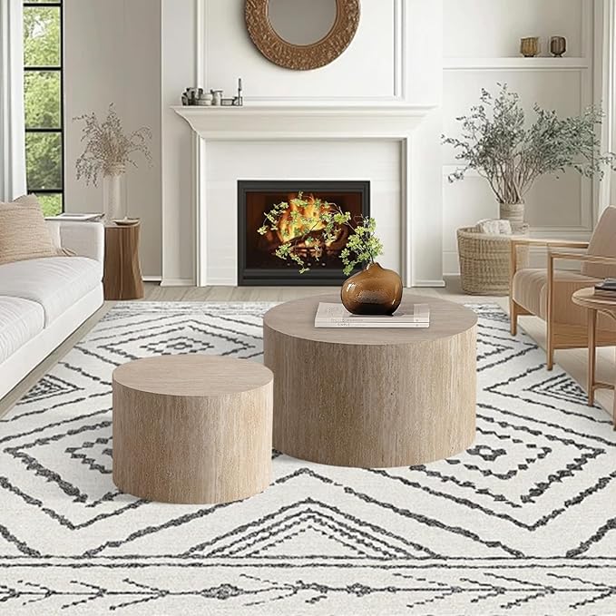 Round Nesting Coffee Table Set of 2, Modern Coffee and End Table Set Small Circle Wooden Drum Side Table Accent End Tables for Living Room Office, No Assembly,Travertine Large