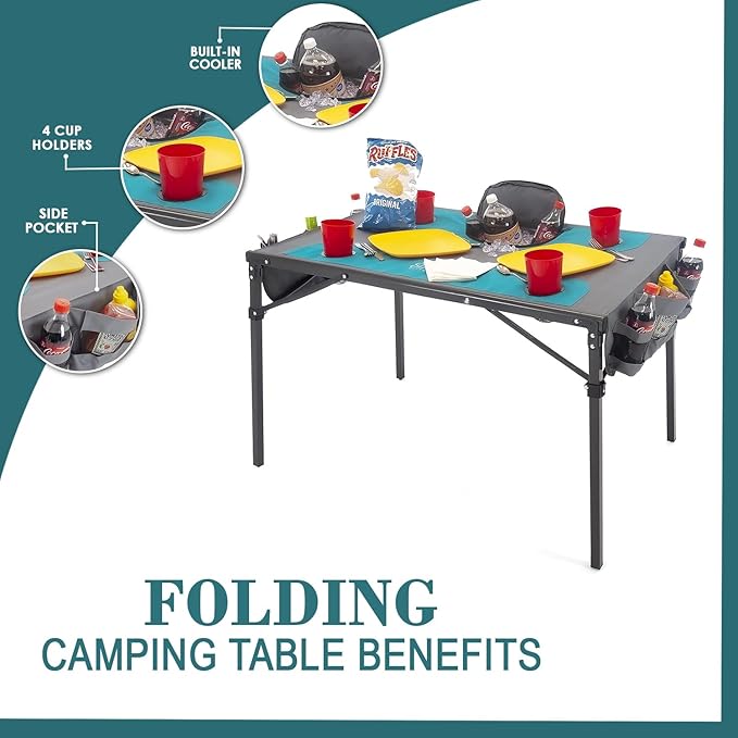 Creative Outdoors Folding Table with Built-in Cooler - Outdoor Portable Camping Table with 4 Cup Holders and Durable Steel Frame - Quality Material (Orange/Gray)-NeatNest