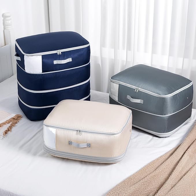 Comforter Storage Bag - Large Capacity Blanket Storage Bags 4-Layer Ultra Space Saving Self Compression Organizer, Washable Compression Bags for Storage Comforter Blanket, 4-Pack, Navy Blue-NeatNest