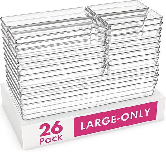 Criusia 26 Pack Large Clear Plastic Drawer Organizer Bins -5 Size Heavy Duty Acrylic Kitchen Drawer Organizers and Storage for Utensils -Bathroom Drawer Organizer Trays for Makeup Office Organization-NeatNest