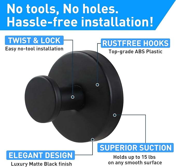 2 Pack Suction Cup Hooks for Shower, Exquisite Metal Shell & No Drill Towel Hooks for Bathroom Wall, Kitchen, Glass, Mirror, Tile to Hang Towels, Robes, Loofah - Matte Black