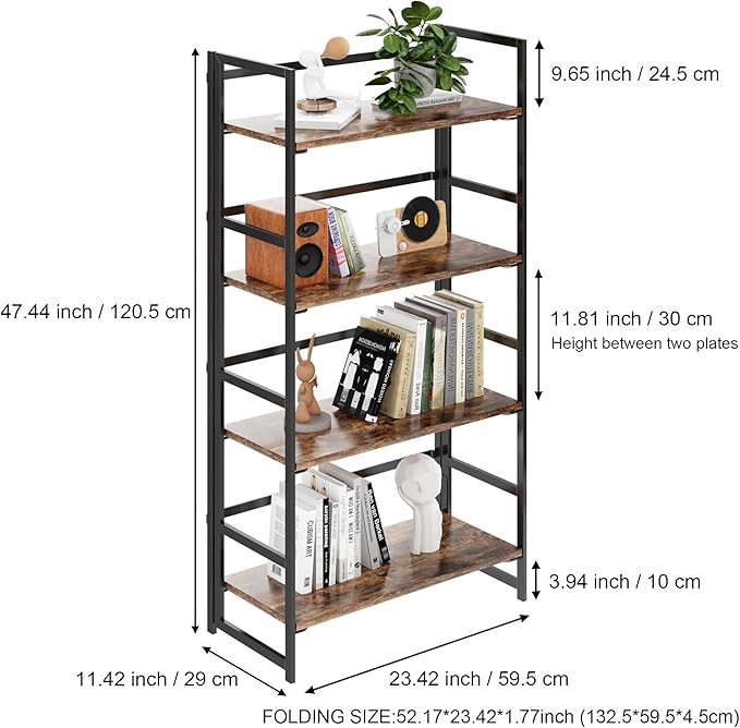 BHG Vintage Multifunctional Folding Bookshelf, No-Assembly Plant Stand Storage Rack Shelves for Home Office (Fire, 4-Tier)-NeatNest