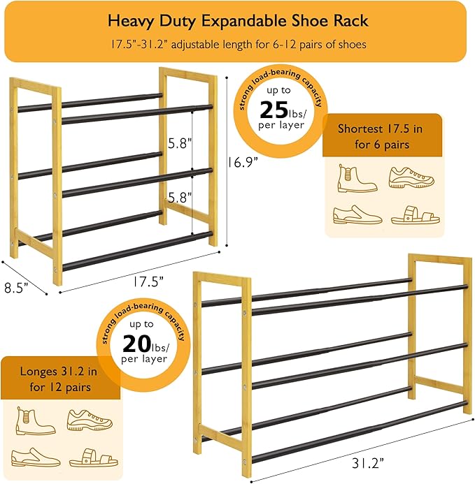Expandable Shoe Rack for Closet,3 Tier Metal Shoes Shelf Organizer for Dorm,6-12 Pairs Small Standing Shoe Rack for Narrow Spaces,Entryway-NeatNest