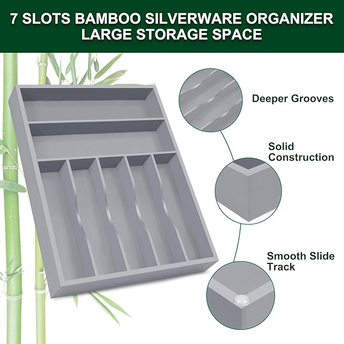 Bellsal Grey Utensil Organizer 12.5 Inch Silverware Tray for Drawer Utensil Holder Cutlery Organizer Kitchen Drawer Organizer 7 Compartment Small Narrow Bamboo-NeatNest