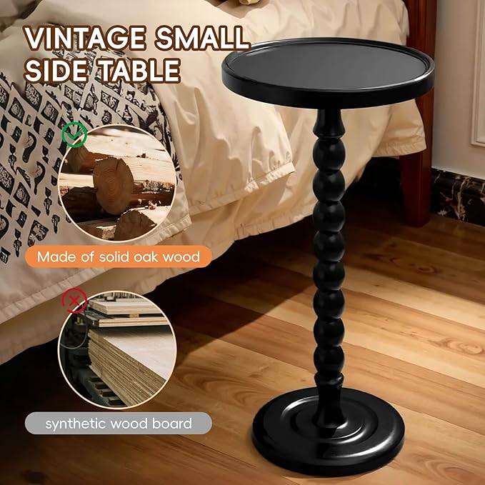 Small Accent Wood End Table, 12inch Round Bedside Table, Natural Side Table Nightstand for Family, Bedroom, Living Room, Handcrafted Finish, Black