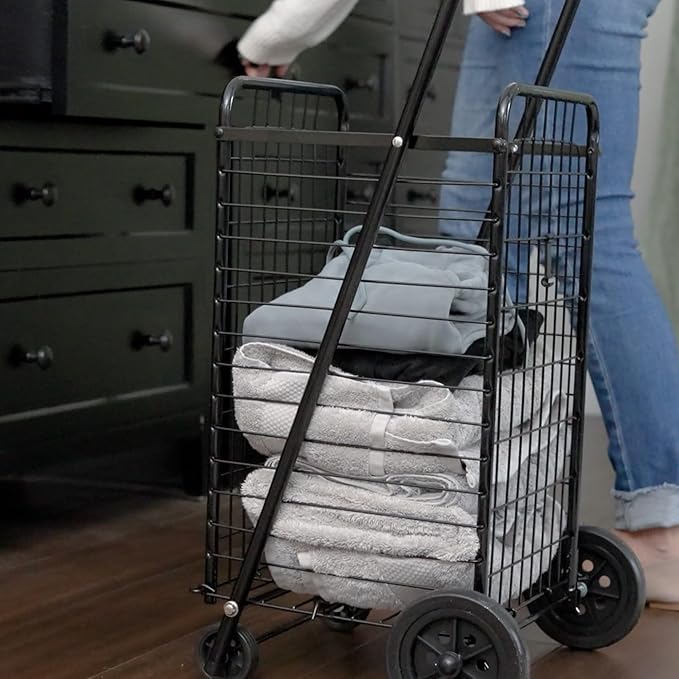 DMI Utility Cart with Wheels to be used for Shopping, Grocery, Laundry and Stair Climber Cart, Weighs 7.5 Pounds but holds up to 90 Pounds, Compact and Foldable, Black-NeatNest