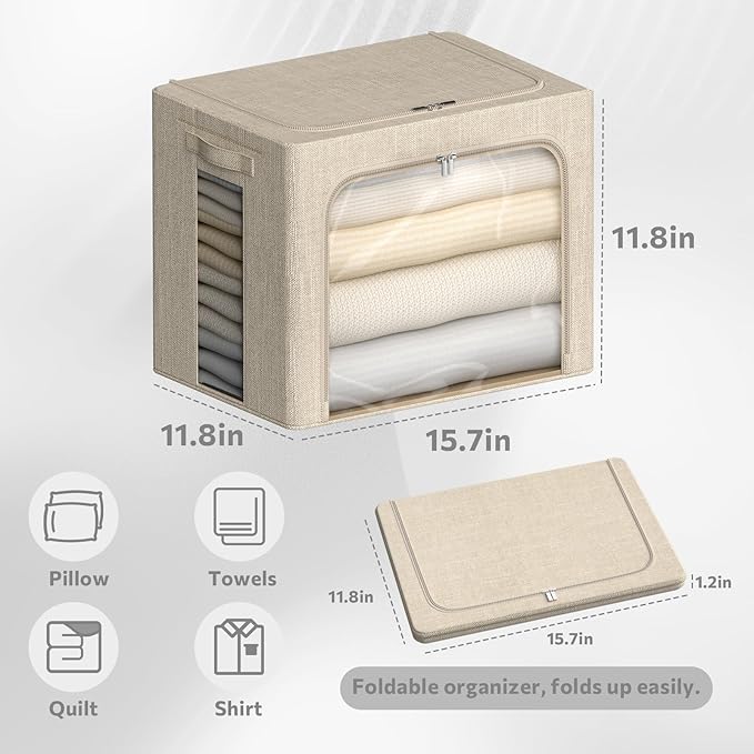 4 Pack Clothes Storage Bins with Metal Frame - Linen Fabric Foldable Stackable Container Organizer Set with Clear Window & Carry Handles & Zippers (Beige, 15.7"x11.8"x11.8")-NeatNest