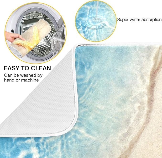 Absorbent Dish Drying Mat for Kitchen Counter - Starfish Coral Summer Microfiber Drying Pad, Reversible Drainer Mats for Countertop, Small 16" x 18"