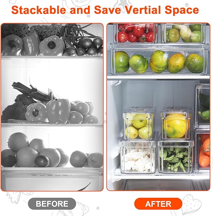 YINGRACE 3 Pack Fridge Organizer Bins, Stackable Refrigerator Organizers and Storage, BPA-Free Clear Produce Containers For Fruit, Vegetable, Drinks, Snacks