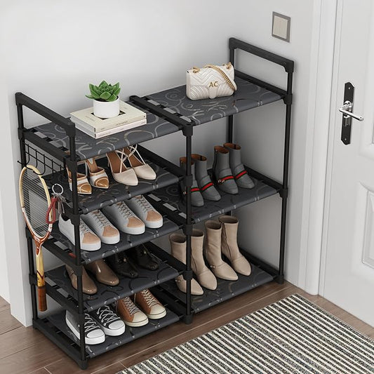 Black Tubes Closet Shoe Rack, 5 Tier Oxford Fabric Shelf, Easy Assembly, Sturdy and Durable, Holds Up to 30 lbs-NeatNest