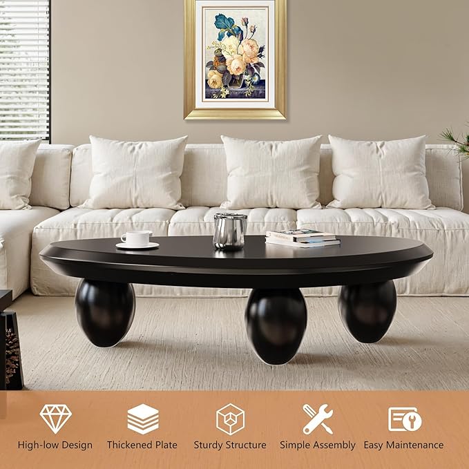 Irregular Coffee Table with 3 Oval Legs Cream White Live Edge Coffee Table Modern Cute Cloud Indoor Central Table Low Tea Table for Living Room Easy Assembly,Water Drop c Black 39.4"