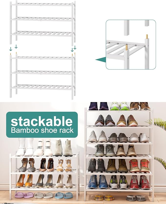 White Shoe Rack, 3-Tier Bamboo Wood Shoe Rack for Closet, Entryway & Hallway, and Stackable Shoe Shelf Storage Organizer for Indoor and Outdoor-NeatNest