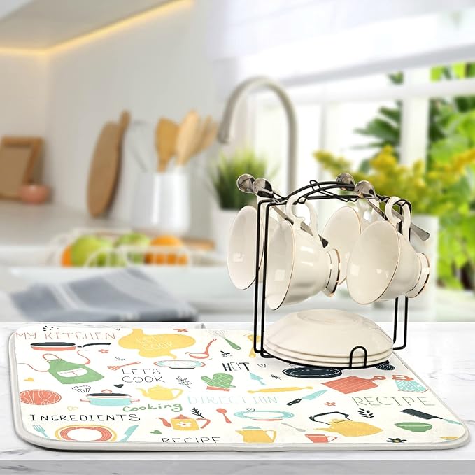 Dish Drying Mats for Kitchen Counter Kitchen Doodle Pattern Microfiber Dish Rack Mat Dry Mats for Dishes Large 24 x 18 Inches