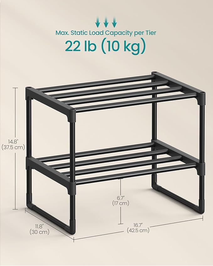 SONGMICS Shoe Rack, 2-Tier Shoe Organizer, Metal Storage Shelf, Upright or Upside Down, for 3-6 Pairs, Stackable, for Entryway, 11.8 x 16.7 x 14.8 Inches, Black ULSA002B01-NeatNest