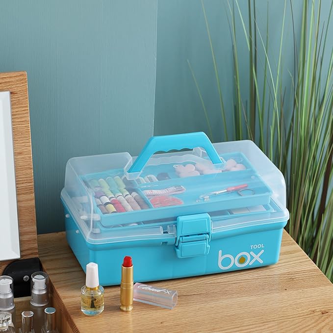 12'' Three-Layer Clear Art Box Organizer, Multipurpose Plastic Craft Box with Handle (Blue)